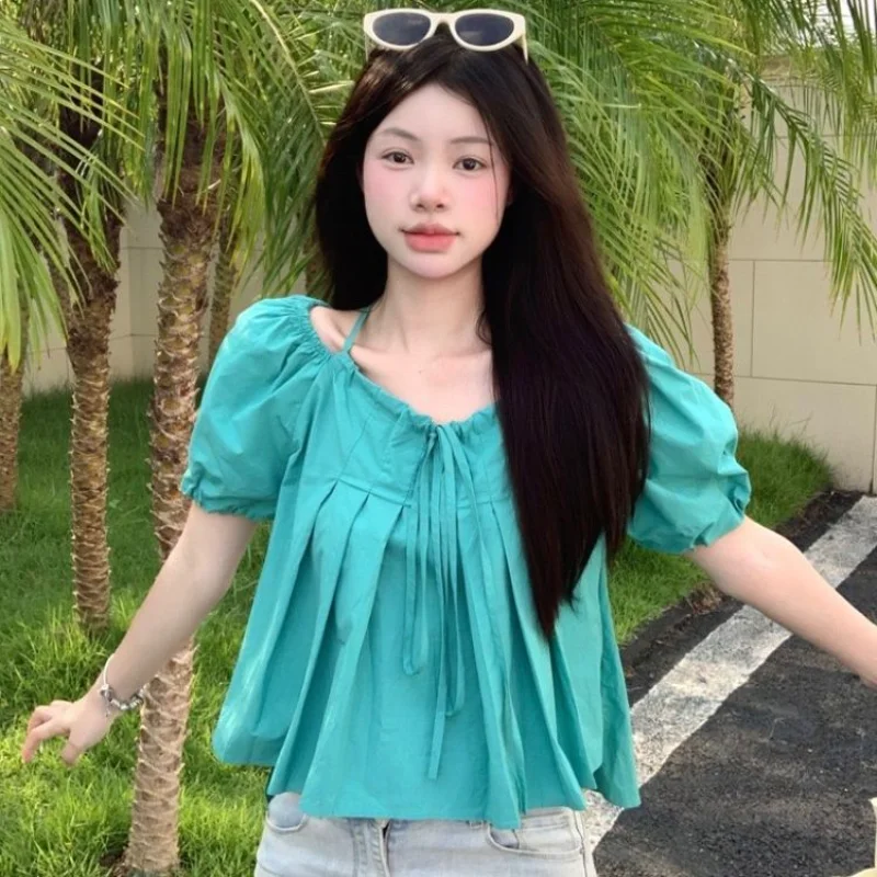 

Блузки женские свободные нежные повязки праздничные милые летние топы во французском стиле уличная одежда нежные универсальные повседневные рукава с пышными рукавами для девочек