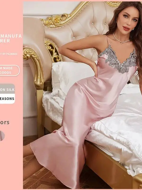 Robe longue à bretelles élégante, mode Sexy, soie glacée fine, vêtements de maison, Imitation soie, dos nu, sans manches, été, 0H1U