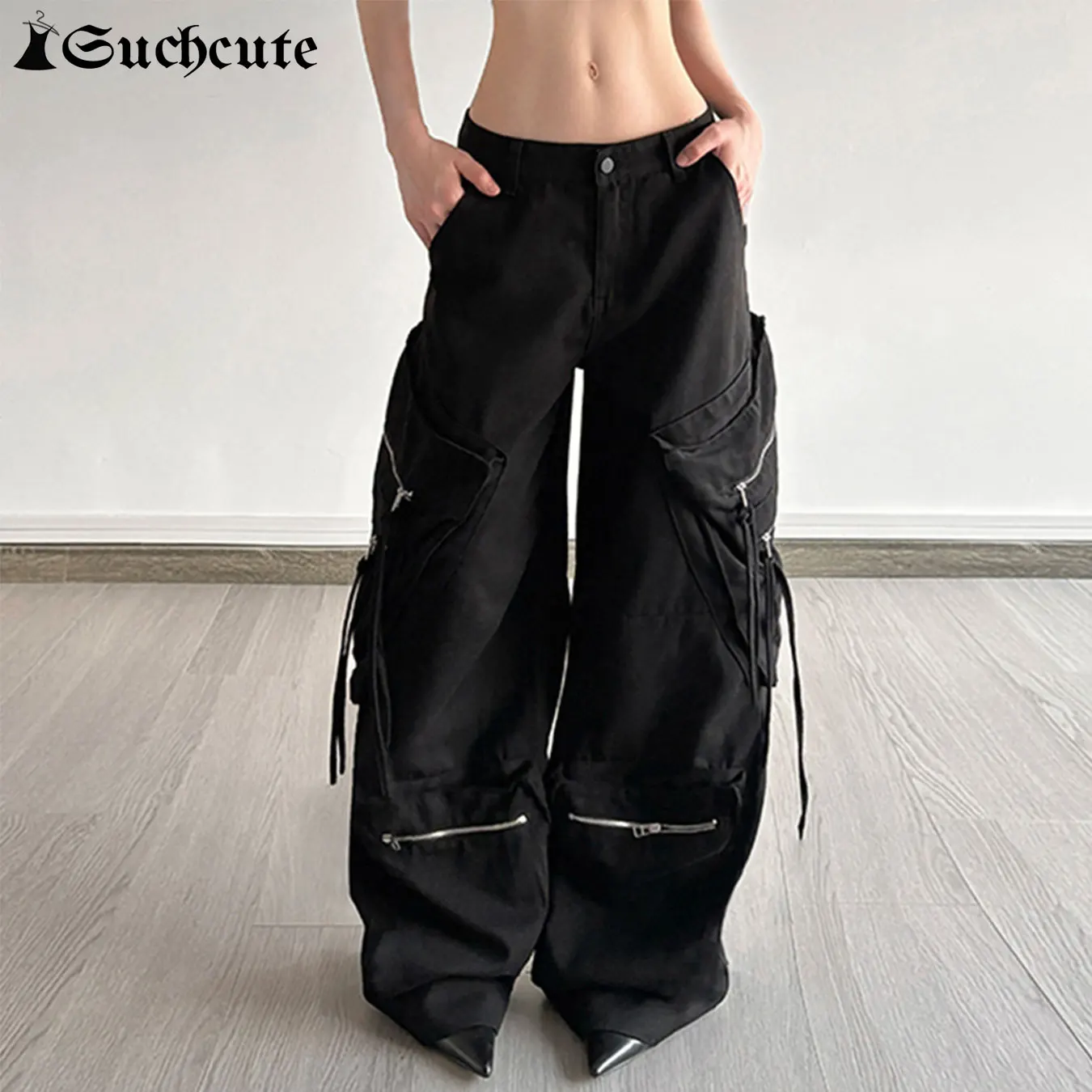 

SUCHCUTE Black Retro Metal Zipper Loose Cargo Jeans Women Punk Streetwear Casual Denim Trousers Y2k Aesthetic Wide Leg Pant 2025