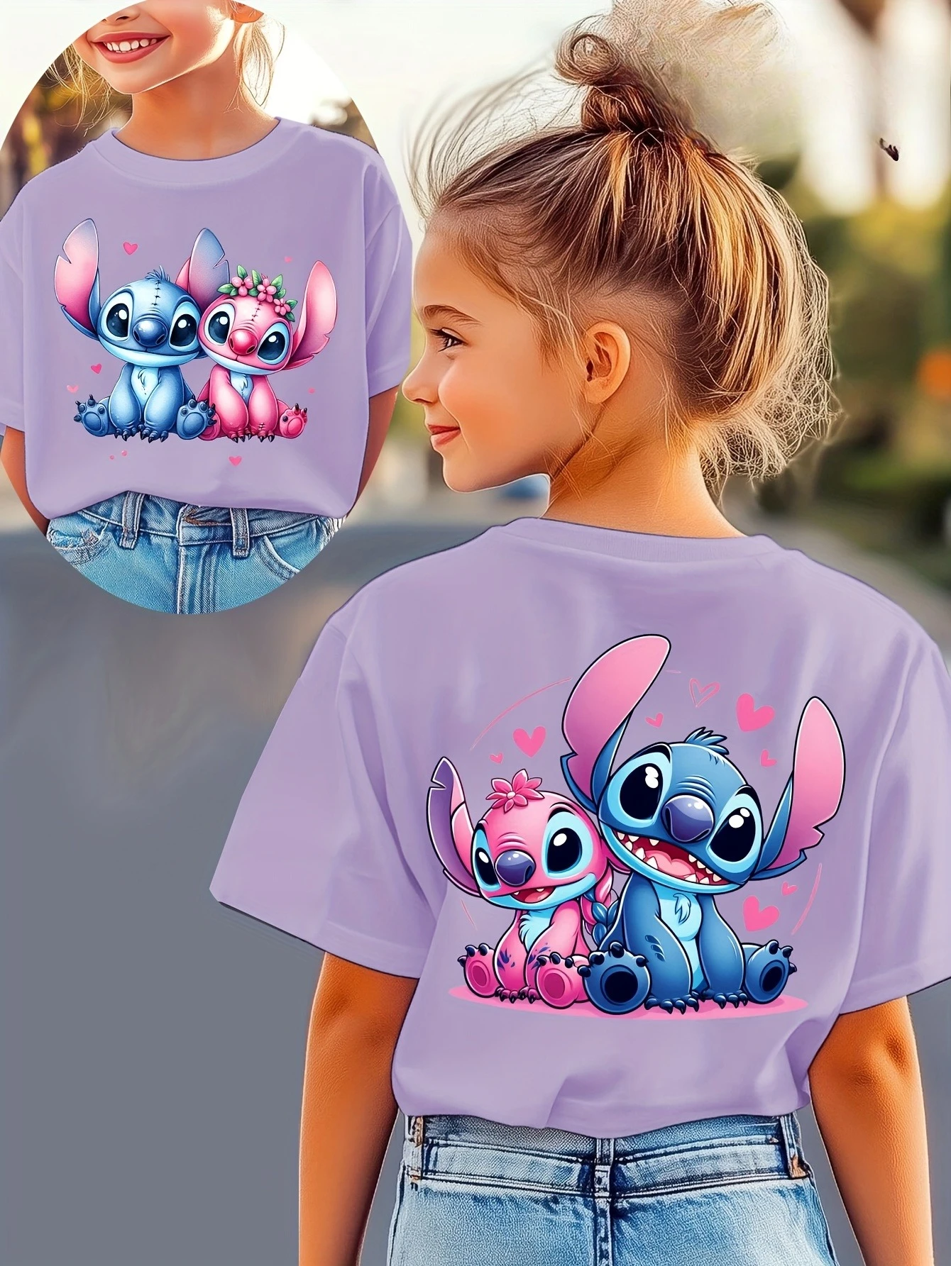 الفتيات أزياء غرزة طباعة تي شيرت شخصية الكرتون على الوجهين عارضة طاقم الرقبة الشارع الشهير متعة غرزة الاطفال الملابس القطنية