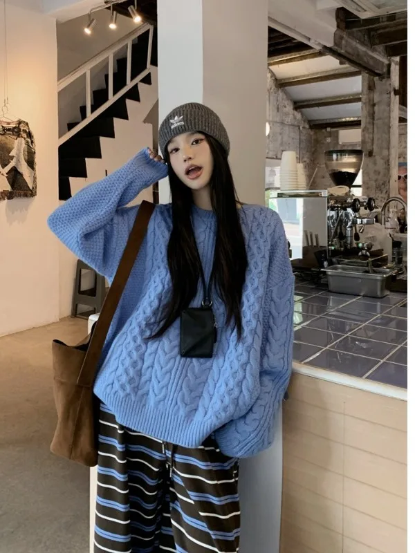 

plus Size Lazy Sle Casual Blue Twisted round Ne Sweater Women's Autumn Winter Loose Versatile Knitted Top Korean Version