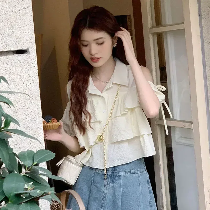 2025 Summer New Short Sleeve T-shirt Aesthetic Design Chic Cut Out Chiffon Shirt Women's Top Apricot Urbane Sweet Style Crop Top