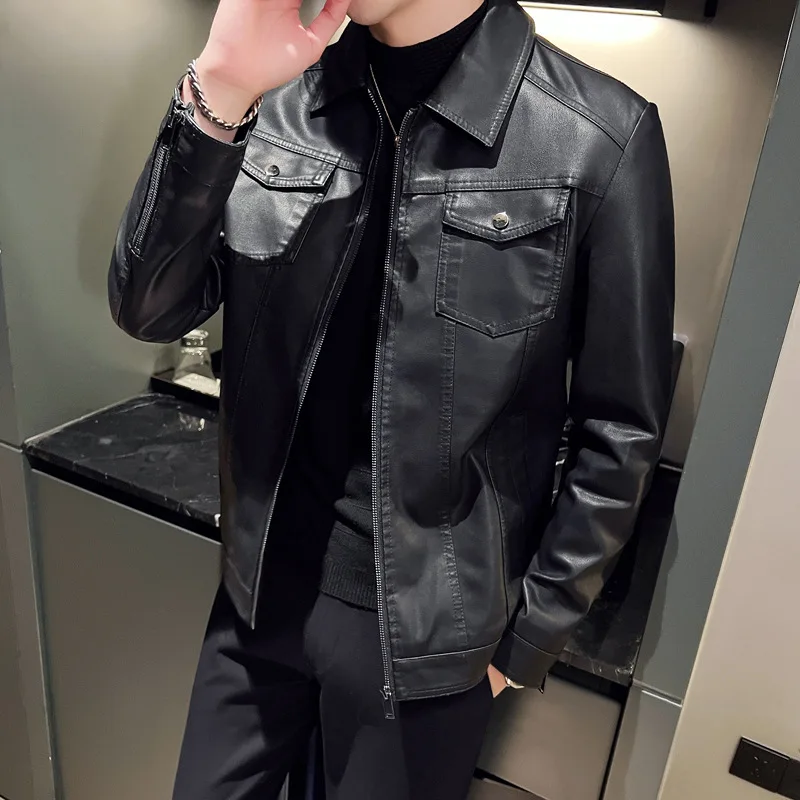 New Fashion Men Autumn Winter Slim Fit Leather Jackets Multi-pockets Casual PU Leather Coats Quality Male Motorcycle Jackets 5XL