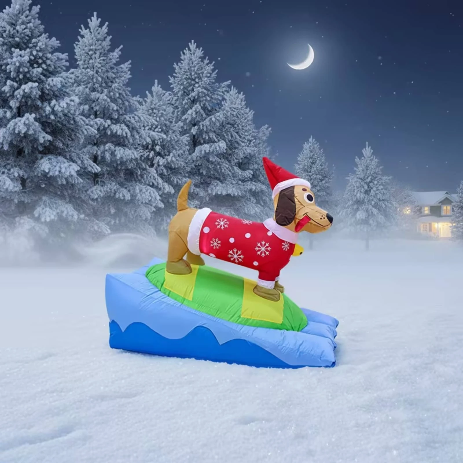 Christmas Inflatable Dachshund Lighted Inflatable Dog with Surfboard Inflate Dachshund Easy to Use Yard Decoration Premium
