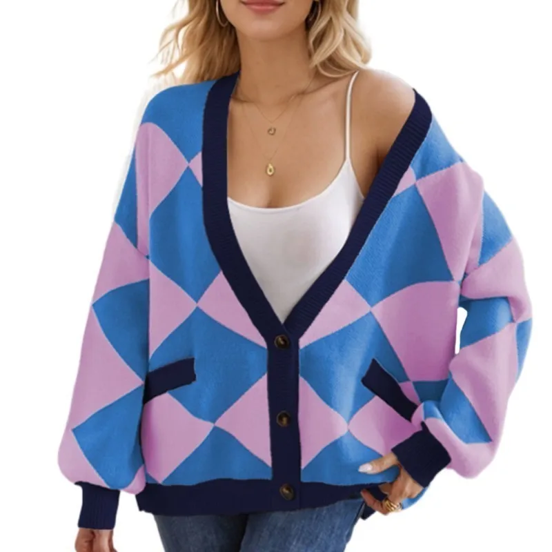 

Women's Autumn And Winter New Retro Geometric Diamond Sweater Loose Jacket Lazy Style Thick Knitted Cardigan