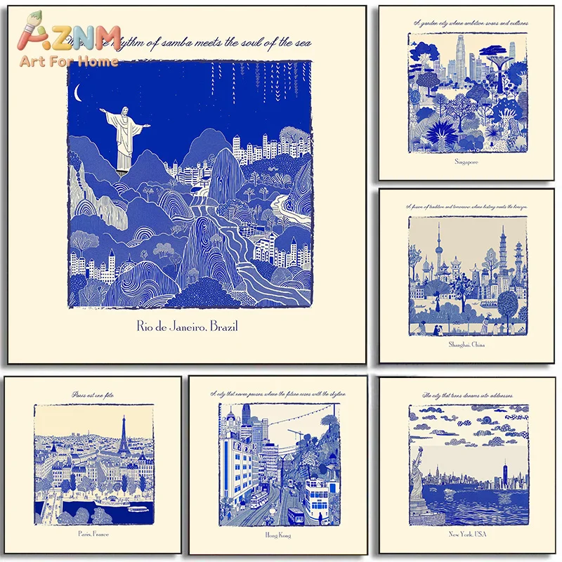 AZNM Global City Landmark Canvas Wall Art Blue White Vintage Travel Illustration Print Living Room Unframed Decor Print