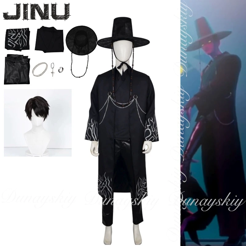 

KPop Demon Hunters Movie Jinu Cosplay Saja Boys With Black Robes And Singing Costume And Same Black Wig Cosplay Costume Full Set