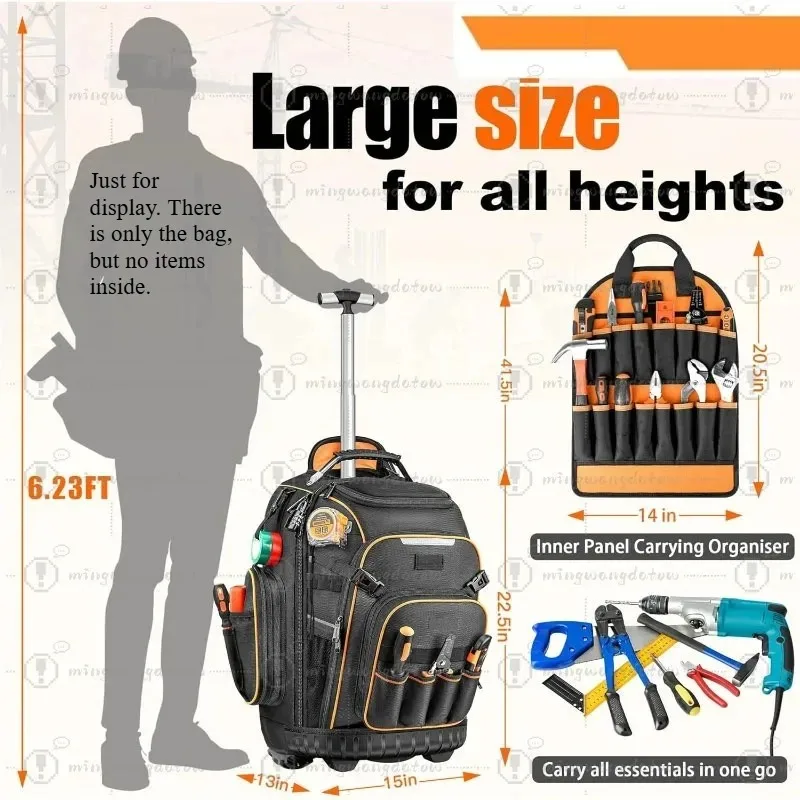 Heavy Duty Rolling Tool Backpack with Wheels & Molded Base, Wheeled Tool Bag for Electricians & Construction Sites