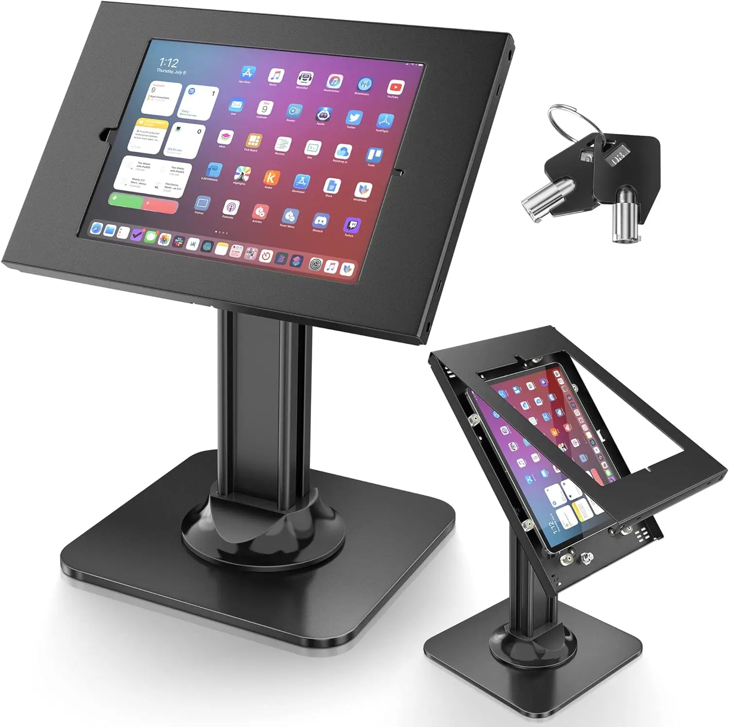

Anti-Theft iPad Kiosk Stand with Heavy Duty Base, 360° Swivel, and 75° Tilt for Retail Business (Black)
