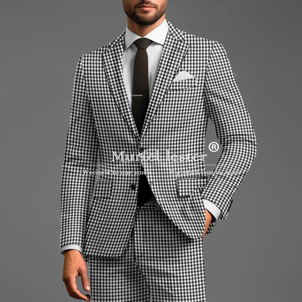 

Elegant Business Suits Men Formal Party Plaid Check Jacket Pants 2 Pieces Man Groom Tuxedos Bespoke Costume Homme Pour Mariage