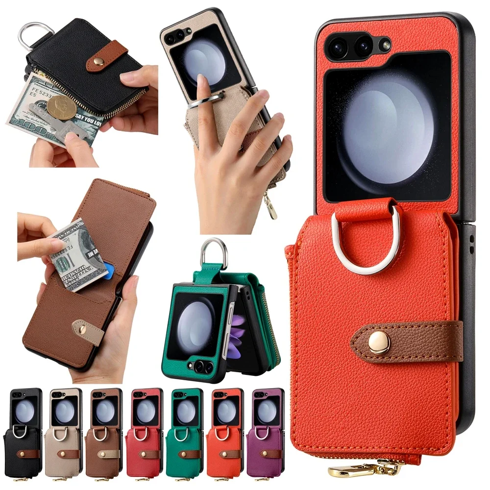 

Ring Holder Leather Phone Case with Cards Slot for Samsung Z Flip 6 5 4 3 Flip6 Flip5 Flip4 5G Zipper Wallet Flip Phone Cover