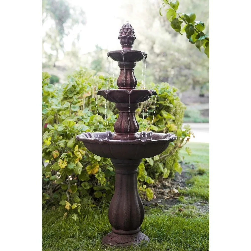 

3-Tier Freestanding Waterfall Fountain w/Pump & Pineapple Top, 51 Inch Tall, Brown, Large Outdoor Garden Fountain