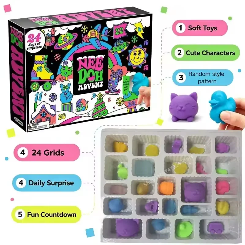 NeeDoh 2026 3D PVC Fidget Doll Advent Calendar Christmas Countdown Calendar Surprise Box Stress Relief Toy New Year Holiday Gift