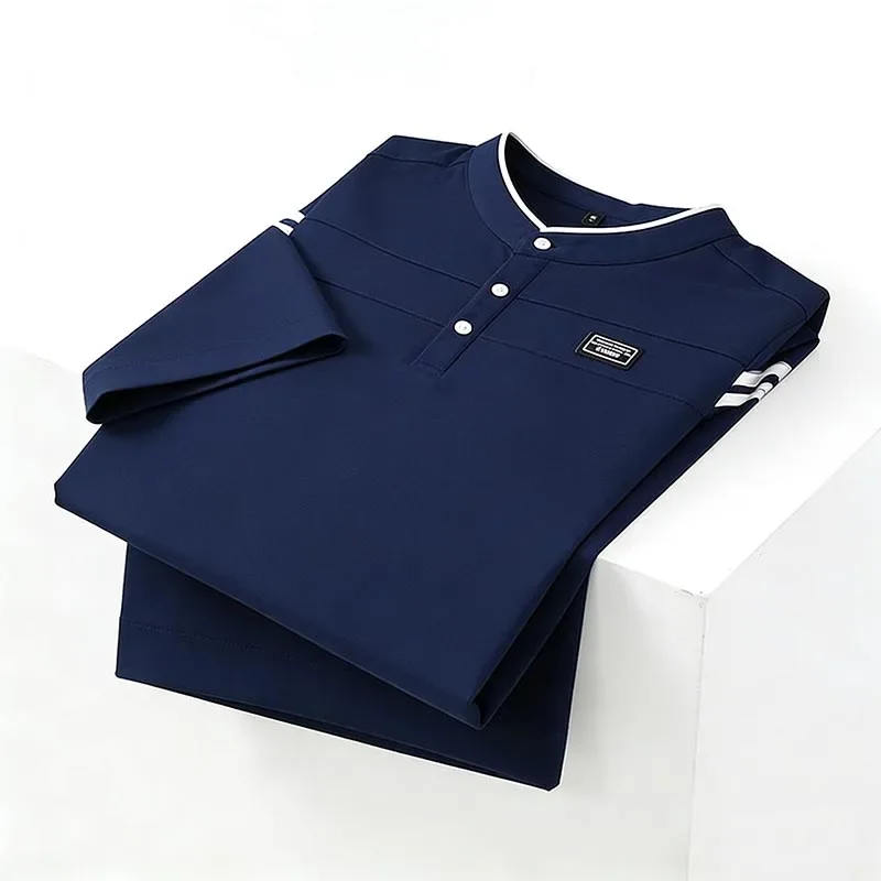 Minimalist Navy Blue Long Sleeve Polo Shirt Mandarin Collar Clean Design Casual Wear