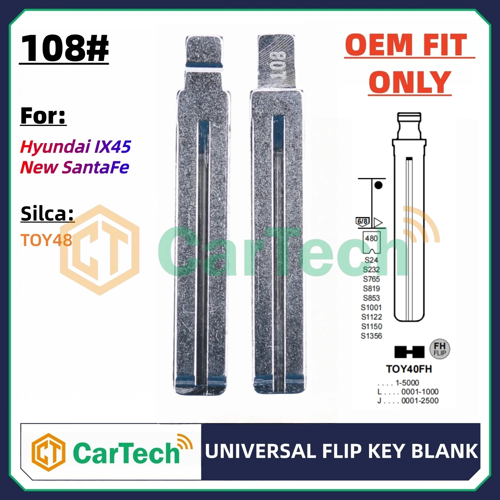 Cartech  108# OEM Style Uncut Blank Key Blade Replacement for Hyundai IX45 New SantaFe Original Remote Key TOY48