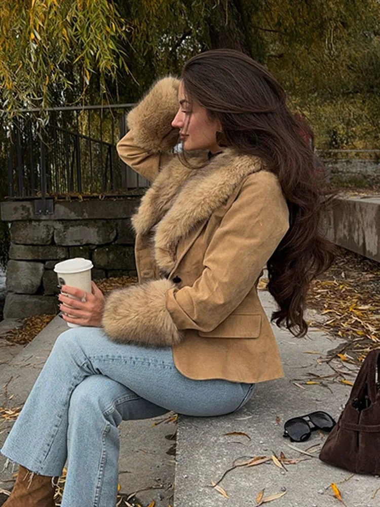 

HH Winter Casual Casual Short Coats Solid Fur Turn-Down Collar Long Sleeves Pockets Single Breasted Female Chic Warm Jackets