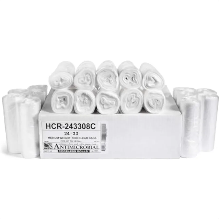 

High Density Trash Bags 16 Gallon 1000 Count 8 Micron eq 24 x 33 Clear for Bathroom Office Industrial Commercial Janitorial Mun