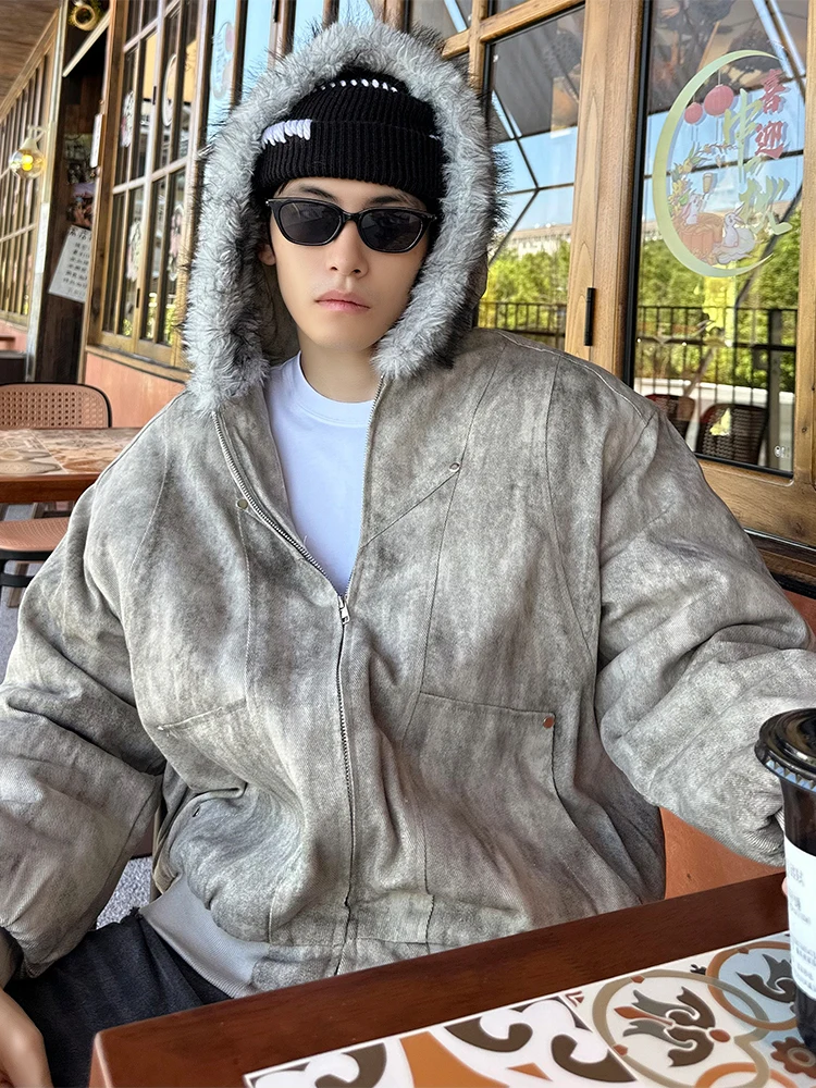 

American Dyed Cotton Jaet Men's Winter Thiened Cleanfit ort Canvas Workwear Cotton Coat Youth ular Casual Hoodie