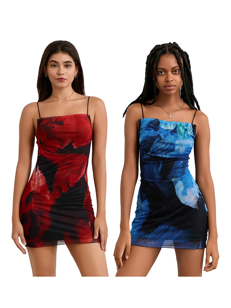 Women Summer Spaghetti Straps Bodycon Mini Dress Abstract Print Sleeveless Short Dress Sexy Slim Cami Dresses