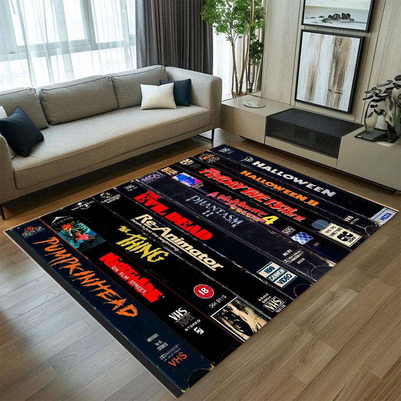 Alfombra absorbente antideslizante con estampado de cinta VHS de película de terror retro para sala de estar, dormitorio, alfombra para fanáticos de las películas espeluznantes