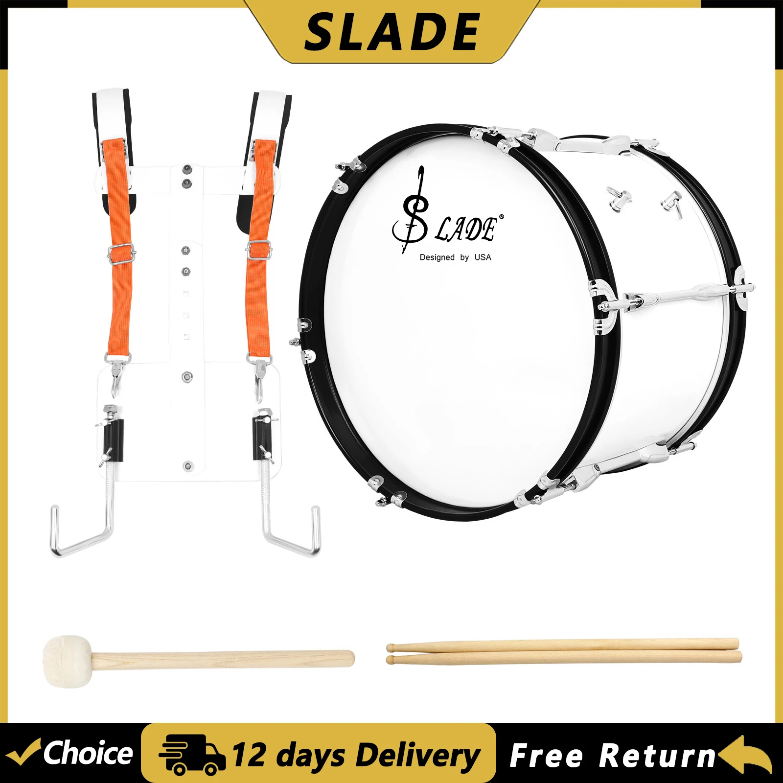 SLADE 16×12 Inch Marching Drum Bass Drum Professional Percussion Instruments with Back Frame Tuning Key Drumsticks