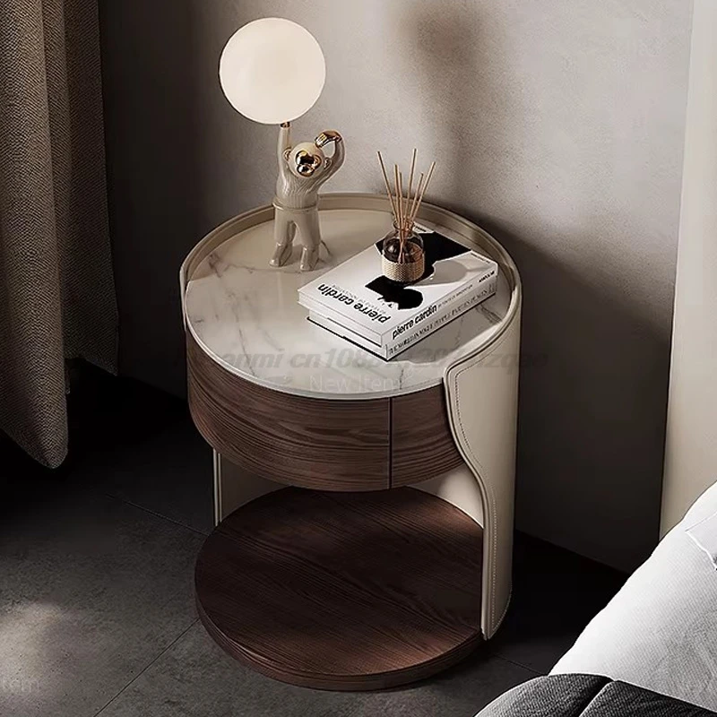 Luxury Sintered Stone Nightstand Round Designer Bedside Table Modern Wrap Around Storage Cabinet Mini Creative Bedroom Side Unit
