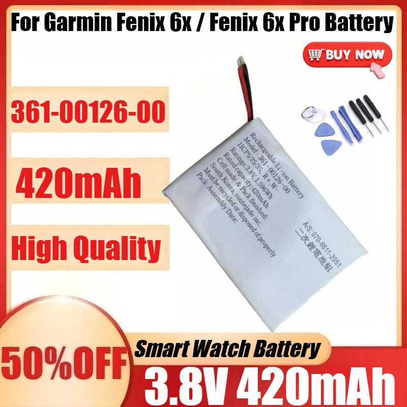 New 361-00126-00 3.8V 420mAh High Quanlity Battery for Garmin Fenix 6x / Fenix 6x Pro Solar GPS Watch Batteries 361-00126-00
