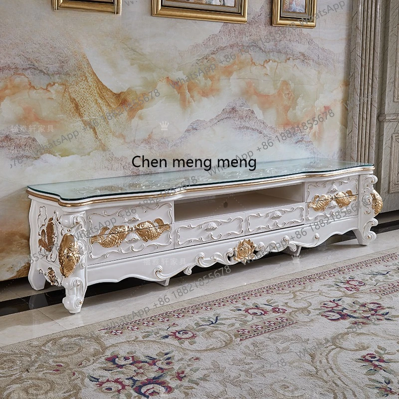 European TV cabinet champagne solid wood engraving desktop engraving tempered glass carp 2.2 meters TV cabinet