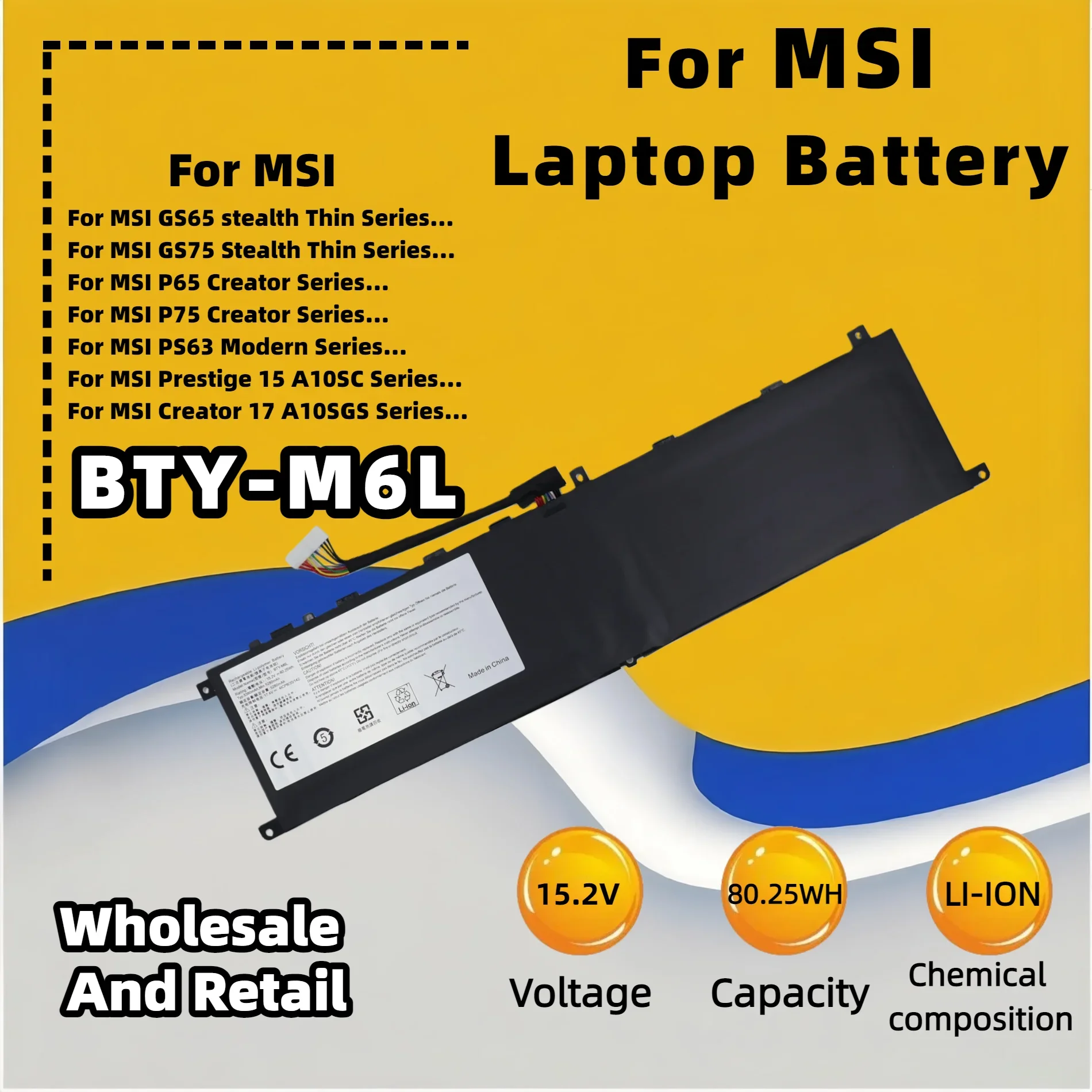 FRLESUI Replacement Laptop Battery for MSI GS65 Stealth Thin BTY-M6L MS-16Q21 15.2V 5380mAh 80.25Wh, Brand New,13M Warranty