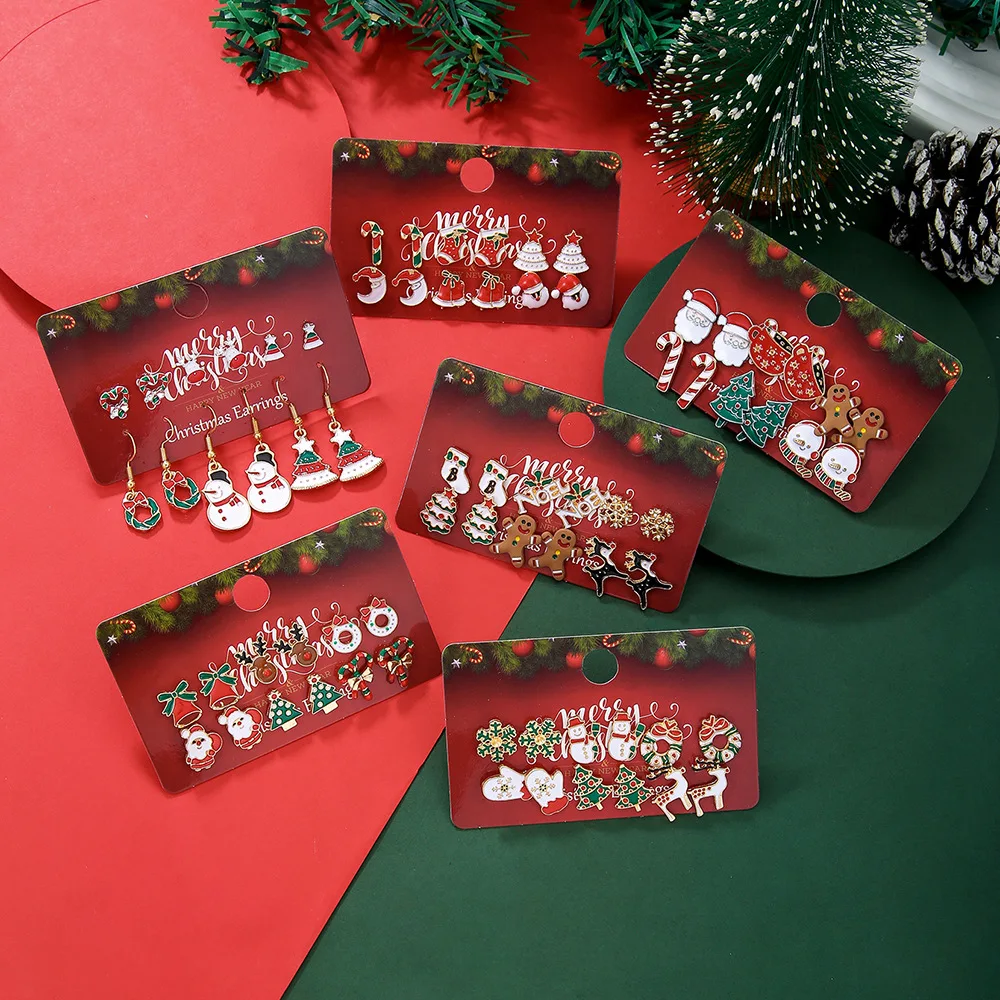 Earrings Christmas 6 Pairs Set Snowflake Reindeer Tree Holiday Party Alloy Red Green Gold Women Gift Lightweight Chic