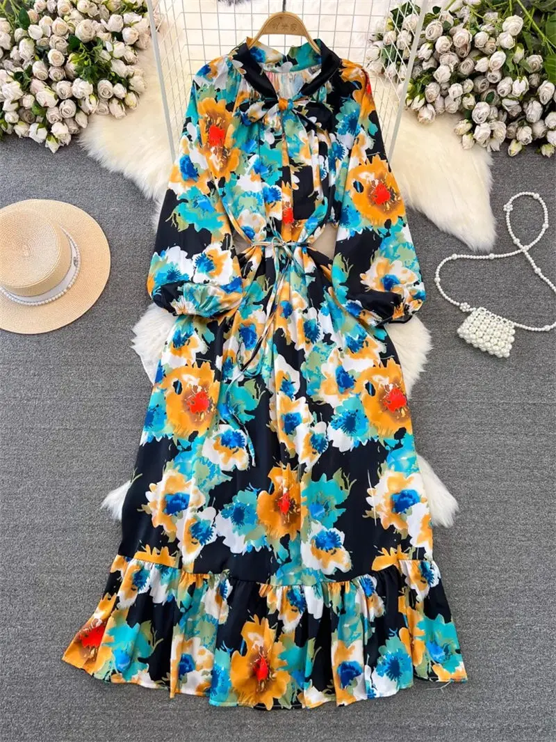 2024 Spring And Autumn Printed Dress Women's Temperament Long Sleeve Bow Tie Waist Slimming A-Line Maxi Dress Lace Up Robe Z4200