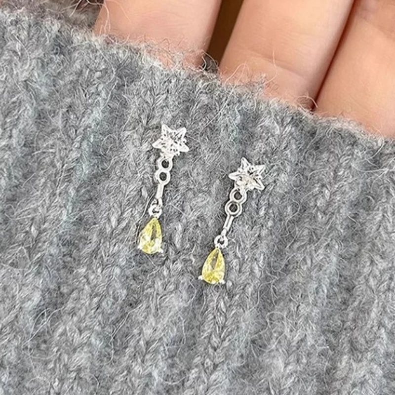 

925 Sterling Silver Geometric Star Zircon Water Drop Pendant Stud Earring for Women Fine Jewelry High Luxury Vintage Accessories