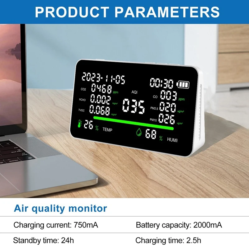 Portátil Inteligente Monóxido De Carbono Detector, Monitor de Qualidade do Ar Set, 11in 1, Indoor CO2, VOC, AQI, PM2.5, Termômetro, Umidade