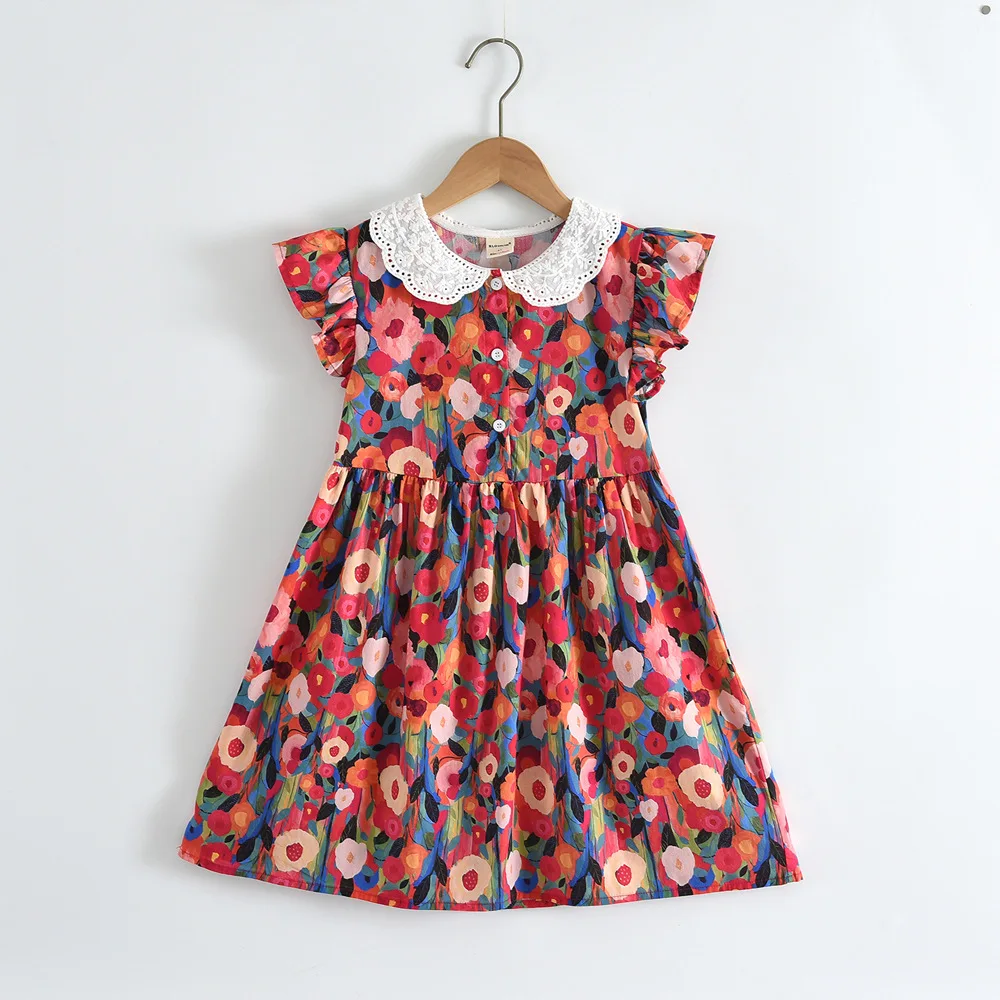 

2026 summer new item full of oil painting style contrasting color big flower girls clothes vest dress