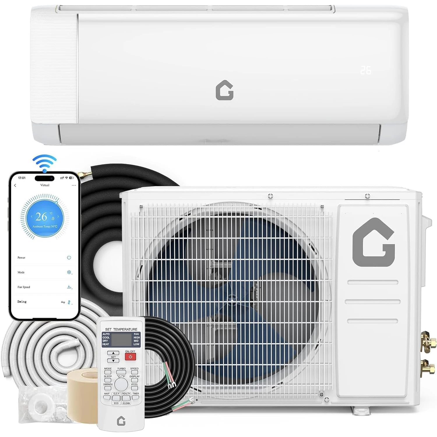 Mini aire acondicionado dividido Wifi de 12000 BTU con calentador, unidad de CA montada en la pared sin conductos de energía de 230V con control remoto/kit de instalación