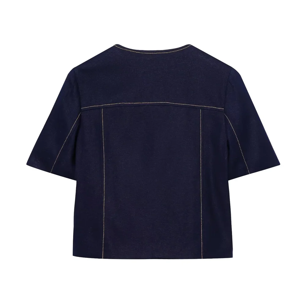 أزياء المرأة المخلوطة الخيوط قصيرة الأكمام البدلة سترة الصيف الجديدة عالية الخصر السراويل الساق المستقيمة #3