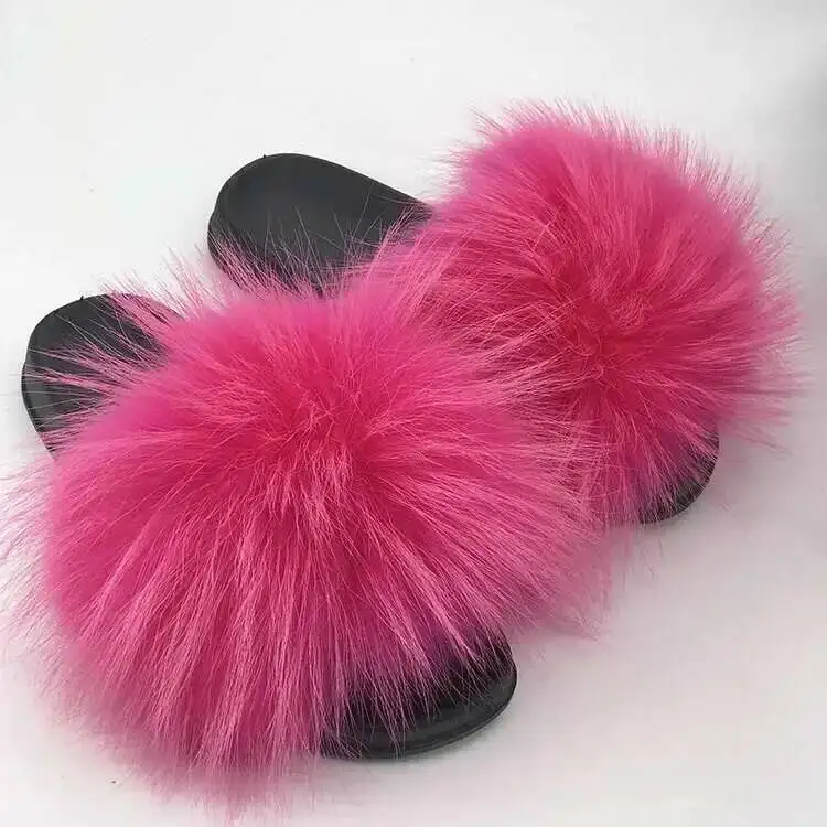 Women Summer New Real Fox Fur Fuzzy Slippers Indoor Outdoor Fashion Furry Flat Slides Raccoon Fur Beach Fashion House Shoes - Image 6