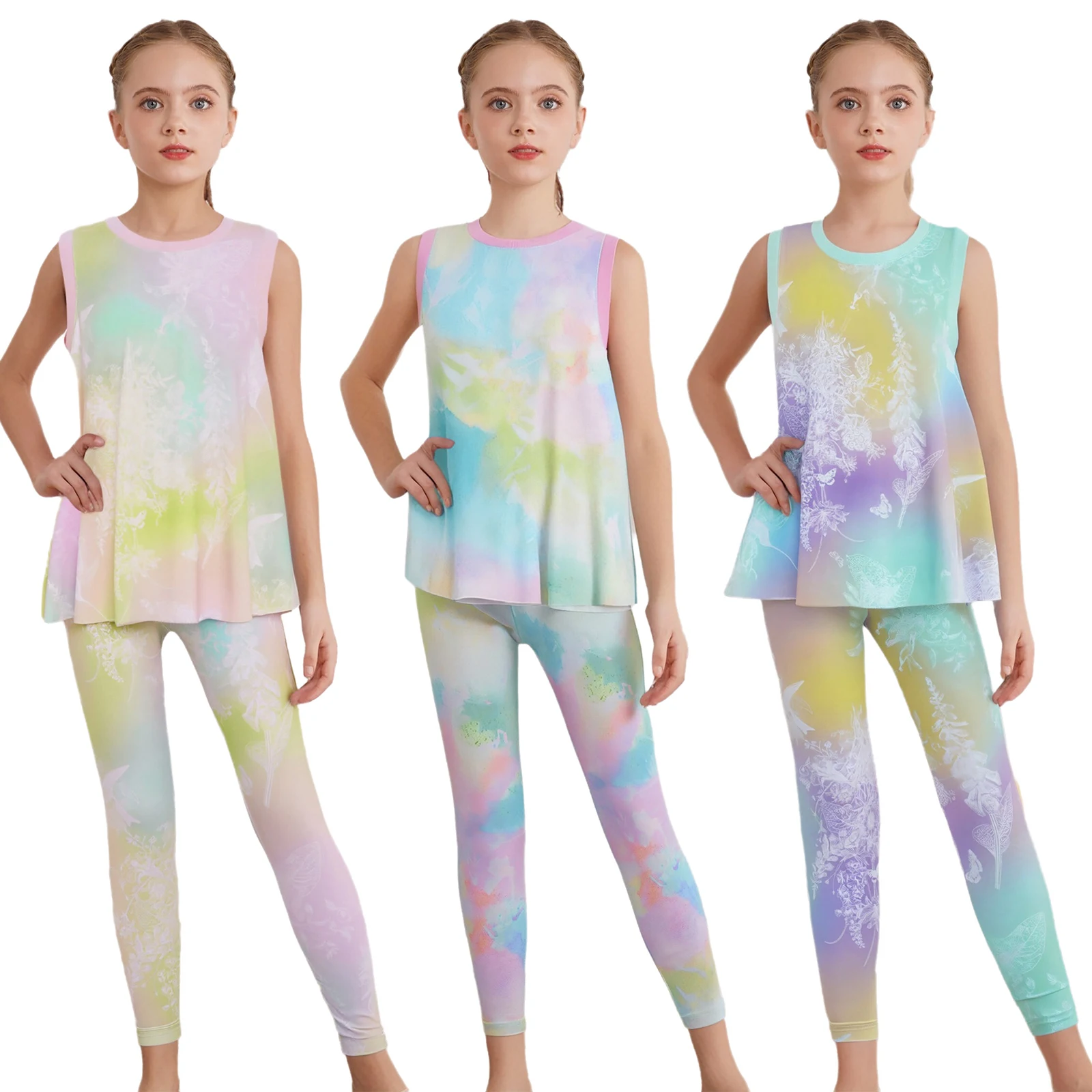 

Kids Sportswear Girls Fashion Printed Sports Set Quick-Drying Tracksuit Sleeveless Tank Top with High Waist Leggings Active Wear