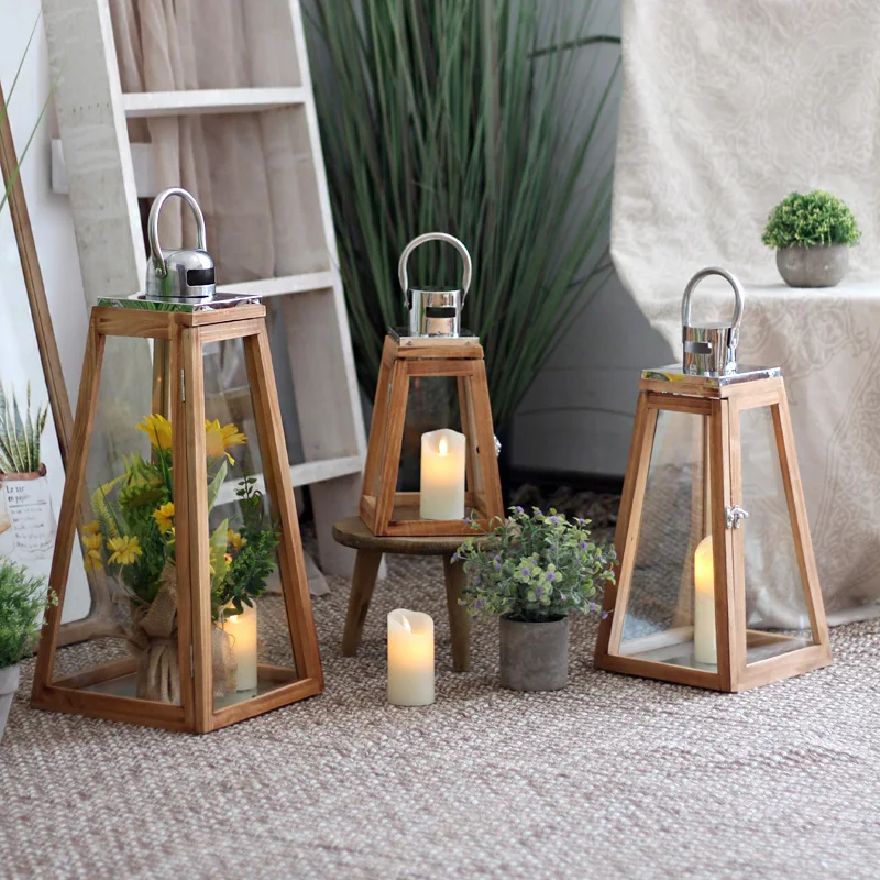 Nordic wooden glass wind lights, living room model room, tabletop candlestick decorations, high-end soft furnishings, simple