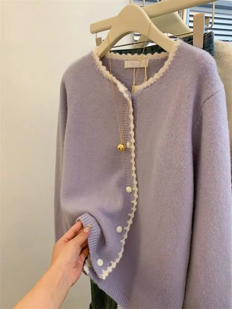 

Фиолетовый кружевной дизайнерский свитер, женский кардиган, весна-осень 2022, новый вязаный топ с круглым вырезом и короткими рукавами