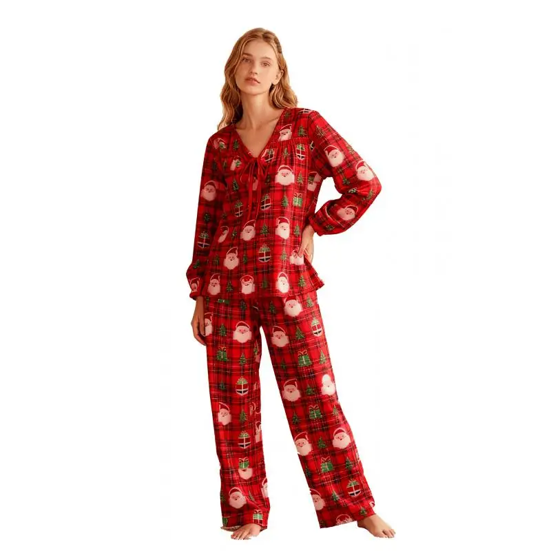 Santa Claus Print Pajama Set Women Christmas Pyjamas Sleepwear Long Sleeved Loungewear Homewear Outfit Cozy Fall Spring