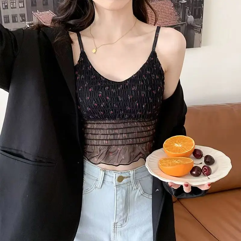 Korean Style Women's Floral Lace Cami Top Modest Sexy Design-Padded Cups Fresh Underwear