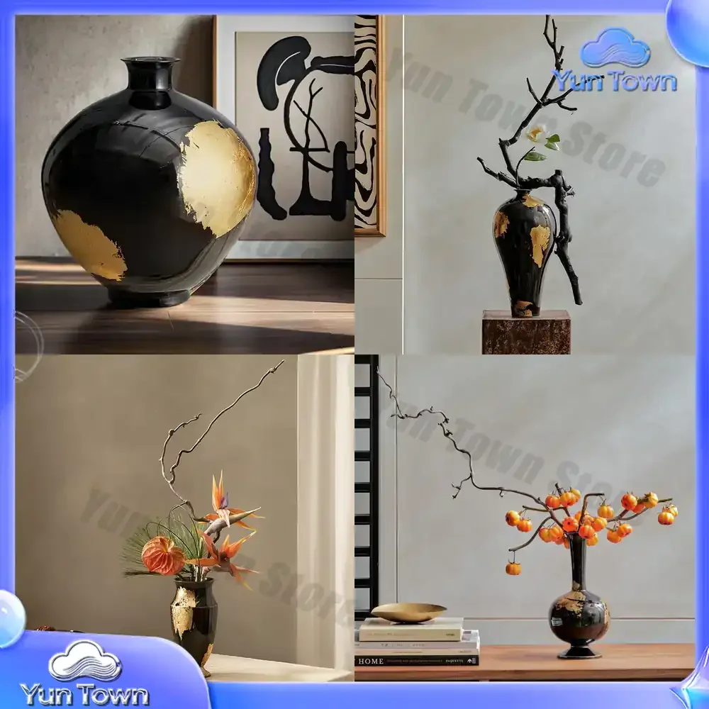 New Chinese style gold-dyed ink ceramic flower utensils ornament flower arrangement soft matching design vase desktop