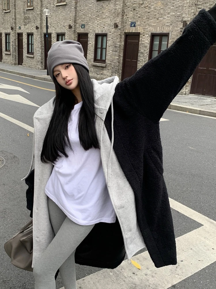Hooded Long Parkas Women Winter Patchwork Design Chic Retro Outwear BF Streetwear Warm Leisure Harajuku Y2k Student Wide-waisted