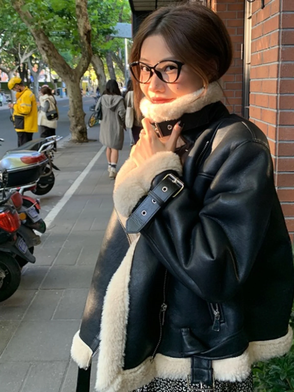 الشتاء Thiened الدافئة بلا الجلد المدبوغ فرو الضأن Jaet معطف صغير الحجم غير المتماثلة الحلو Sle فضفاضة تناسب سستة إغلاق بولي Leather الجلود #3