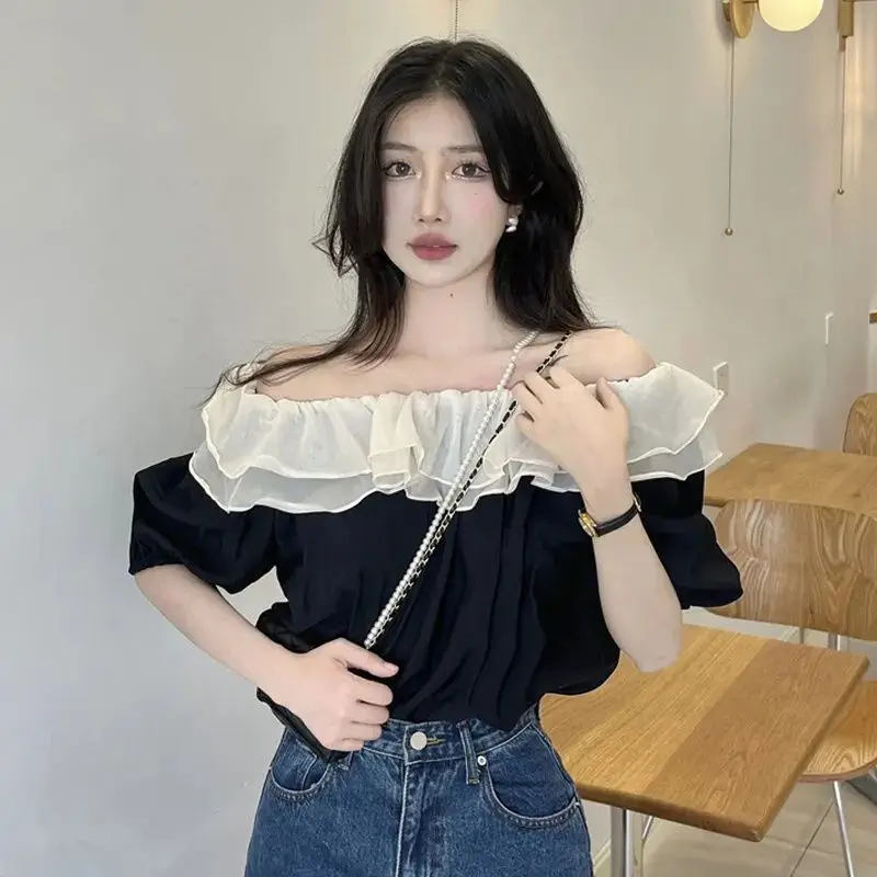 Sweet Off Shoulder Ruffles Patchwork Blouse Summer Short Sleeve Solid Loose Contrast Shirts Temperament Elegant Women Clothing