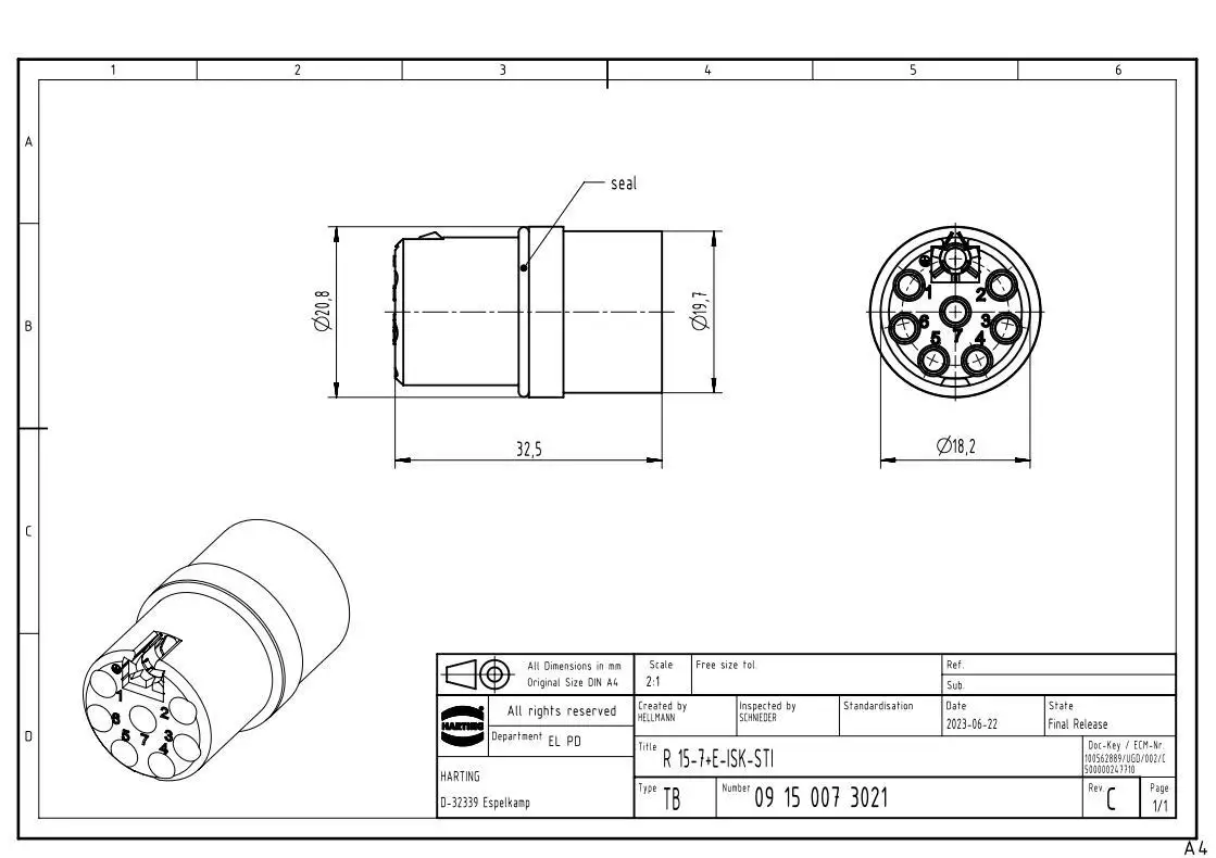 09150073021 HARTING Circular R15 connector 7Pin male 10A250V