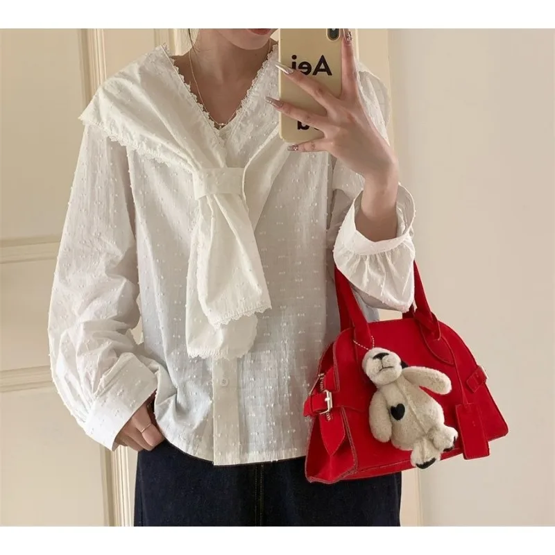 

French Temperament Lace Navy Collar Cotton Shirt Women's Spring White Design Unique Chic Doll Shirt