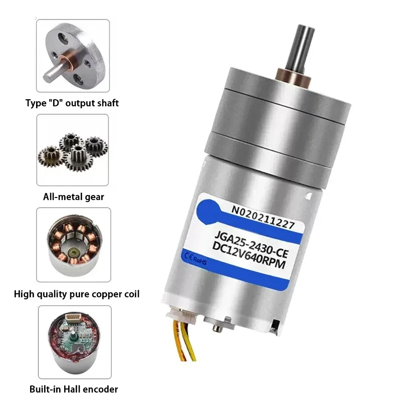JGA25-2430 Mini DC Geared Motor with Hall Encoder 12V 24V All Metal Gear Adjustable Speed Long Service Life Reduction Motor