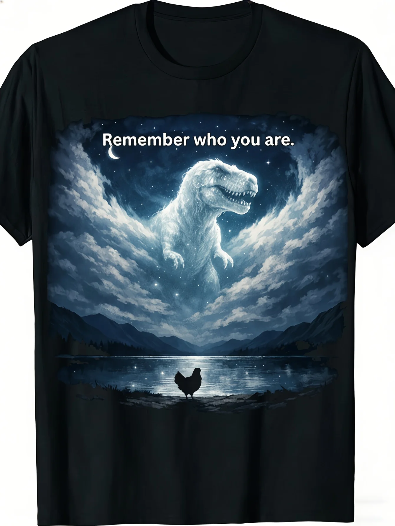 Neutral T Shirt Men Women Dinosaur Chicken Night Sky Design Remember Who You Are Print Black Casual Wear Gift for Dino Lovers
